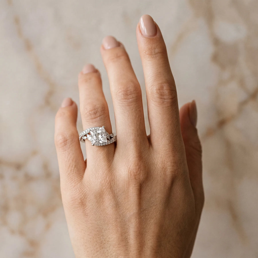 White gold Princess Solitaire with Pavé Twist Band and Four-Prong Setting