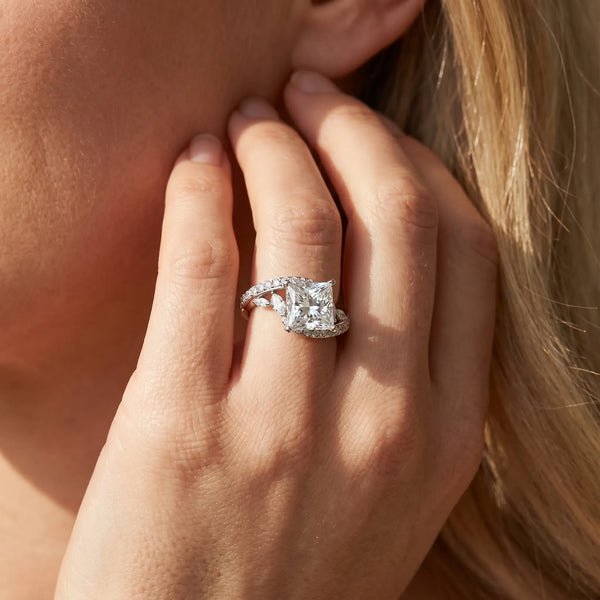White gold Princess Solitaire with Pavé Twist Band and Four-Prong Setting