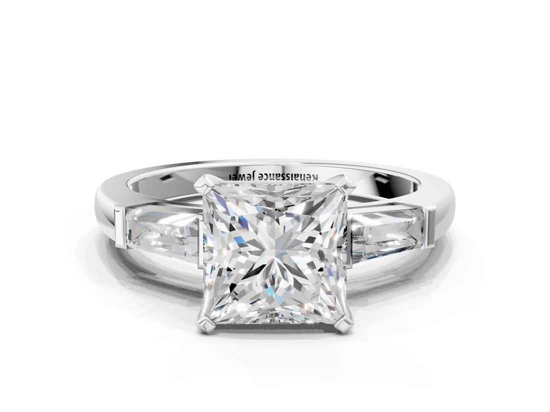 White gold Princess Solitaire with Tapered Baguette Side Stones on a Classic Band with Four-Prong Setting_112