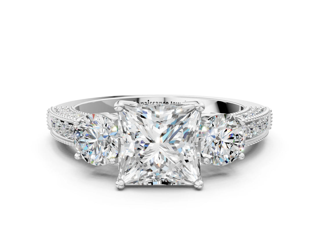 White gold Princess Three-Stone Diamond Ring with Pavé Band and Four-Prong Setting_6
