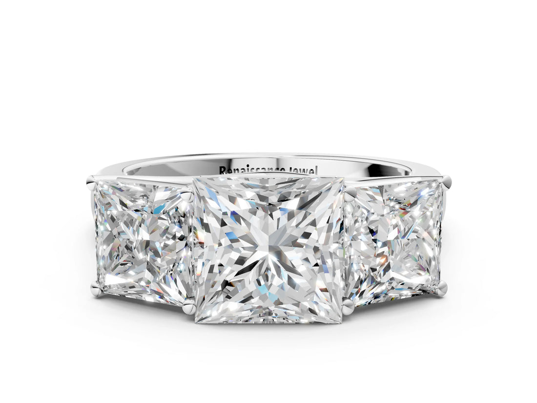White gold Princess Three-Stone Diamond Ring with Prong Setting on a Classic Band_15