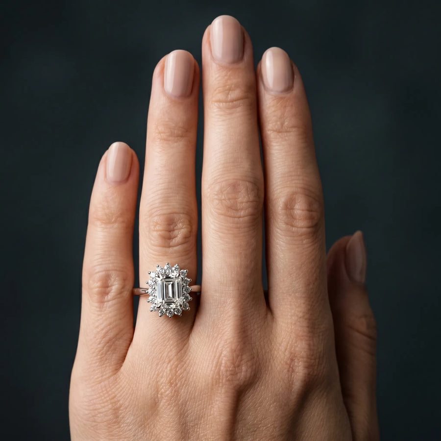 White gold Prong-Set Pear-Cut Emerald with Diamond Halo and White Gold Band
