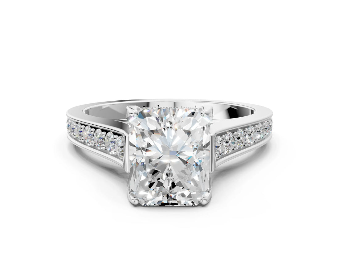 White gold Radiant Brilliant Cut Diamond Engagement Ring with Pavé Band and Four-Prong Setting_82