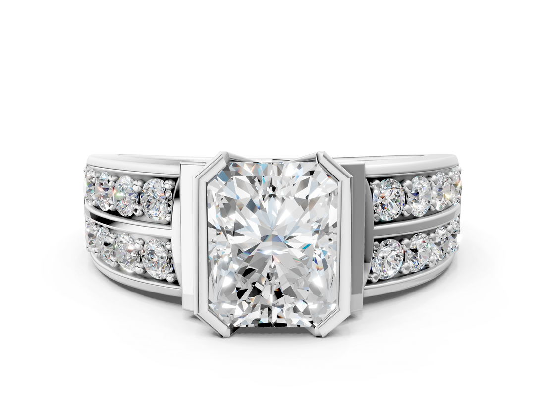 White gold Radiant Brilliant Diamond Channel Set Wide Band Ring with Bezel Setting_20