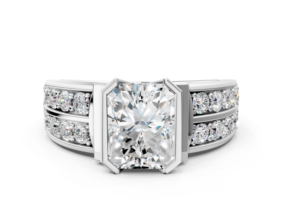 White gold Radiant Brilliant Diamond Channel Set Wide Band Ring with Bezel Setting
