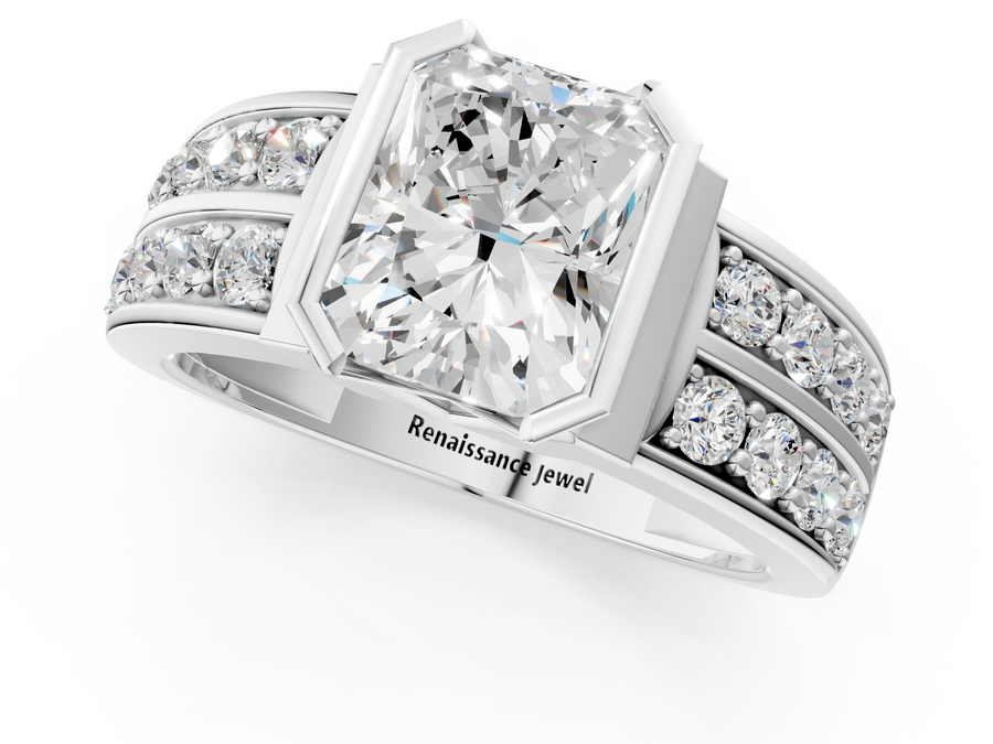 White gold Radiant Brilliant Diamond Channel Set Wide Band Ring with Bezel Setting