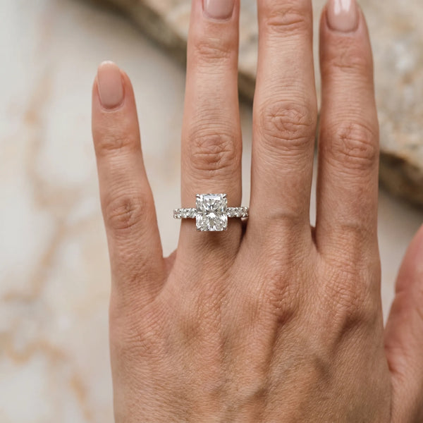 White gold Radiant Brilliant Diamond Pavé Band with Six-Prong Setting