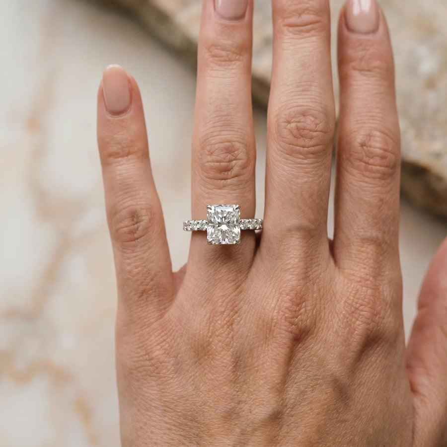 White gold Radiant Brilliant Diamond Pavé Band with Six-Prong Setting