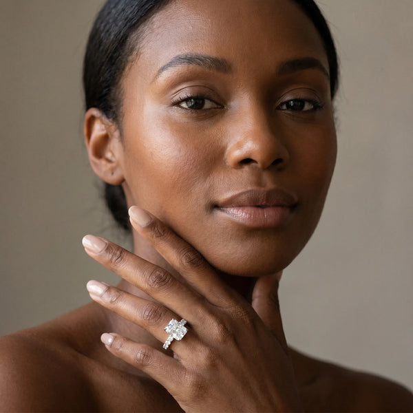 White gold Radiant Brilliant Diamond Pavé Band with Six-Prong Setting
