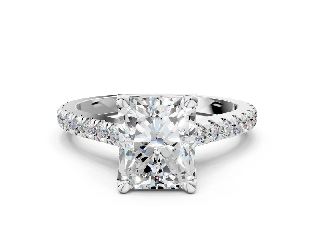 White gold Radiant Brilliant Diamond Solitaire with Pavé Band and Four-Prong Setting