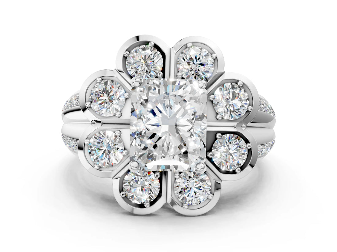 White gold Radiant Brilliant Flower Halo Diamond Split Shank Ring_69