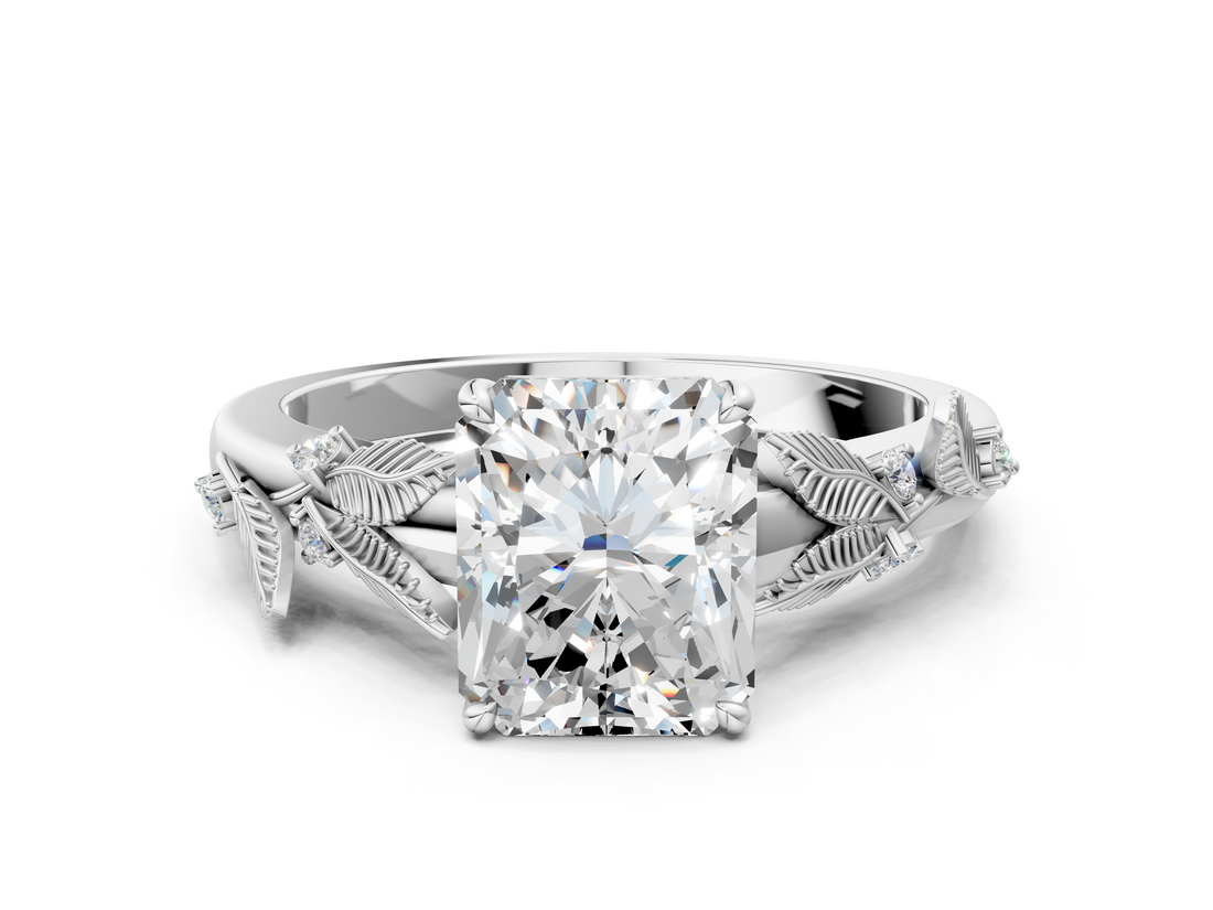 White gold Radiant Brilliant Solitaire with Leaf Motif Band and Four-Prong Setting_66