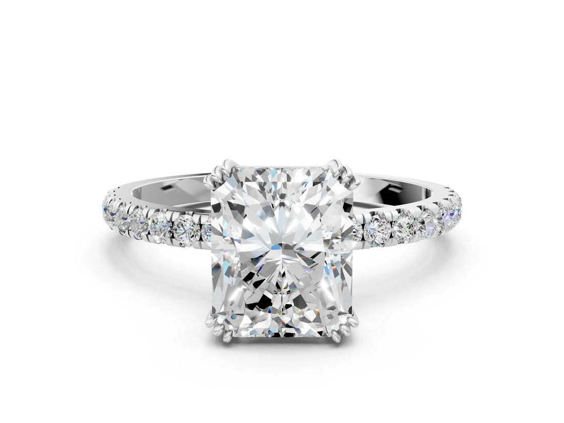 White gold Radiant Brilliant Solitaire with Pavé Band and Claw Prong Setting_7