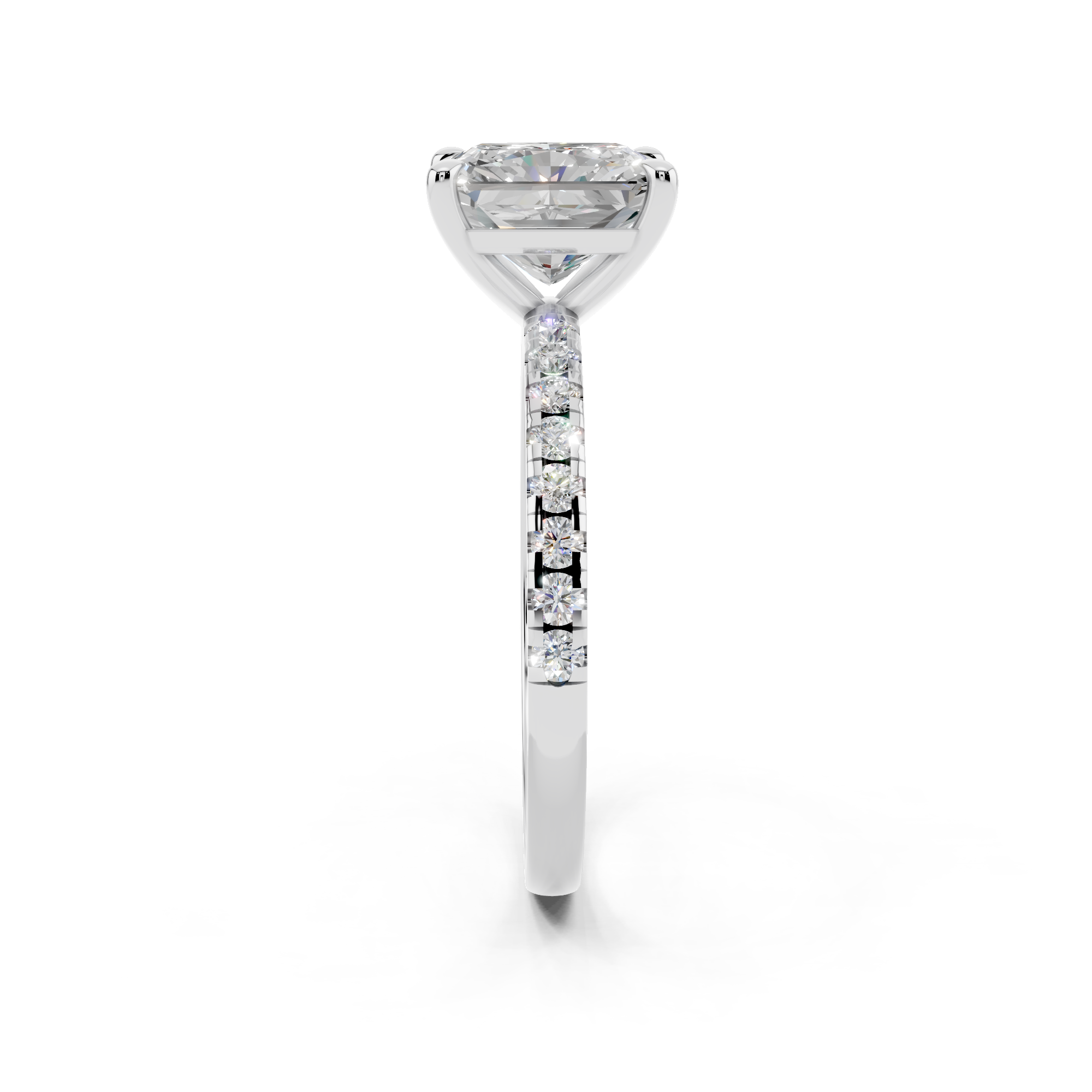 White gold Radiant Brilliant Solitaire with Pavé Band and Four-Prong Setting_10