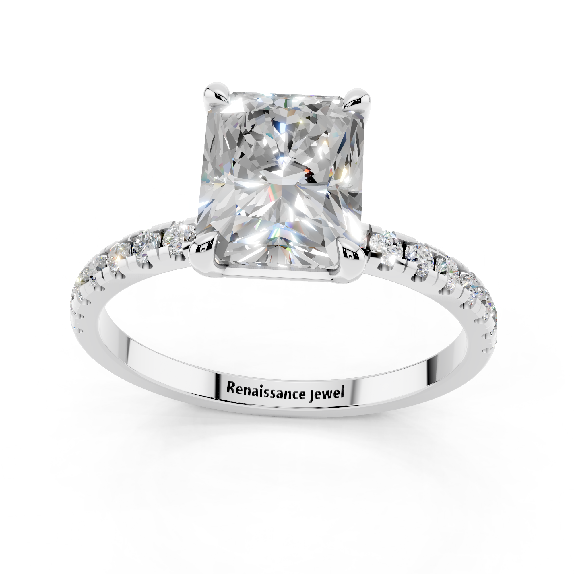 White gold Radiant Brilliant Solitaire with Pavé Band and Four-Prong Setting_24