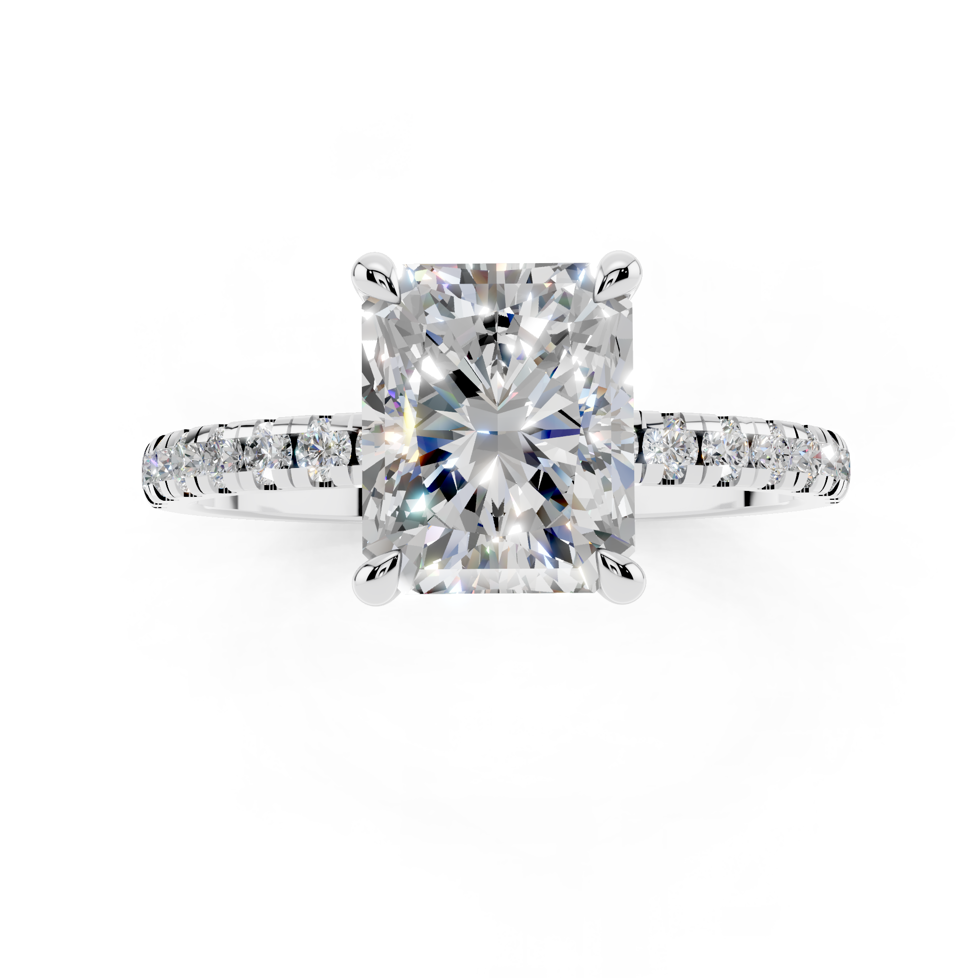 White gold Radiant Brilliant Solitaire with Pavé Band and Four-Prong Setting_8