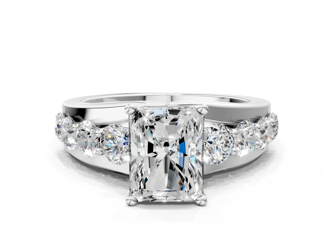 White gold Radiant Brilliant Solitaire with Side Stones on a Pave Band and Four-Prong Setting_74