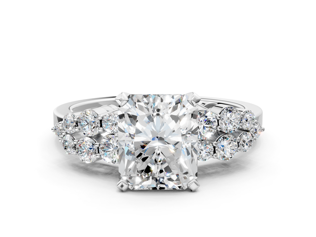 White gold Radiant Cluster Diamond Engagement Ring with Pavé Band and Four-Prong Setting_105