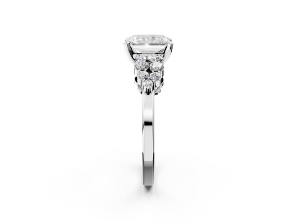 White Gold Radiant Cut Side Stone Engagement Ring Setting with Two-Row Round Shoulder Clusters