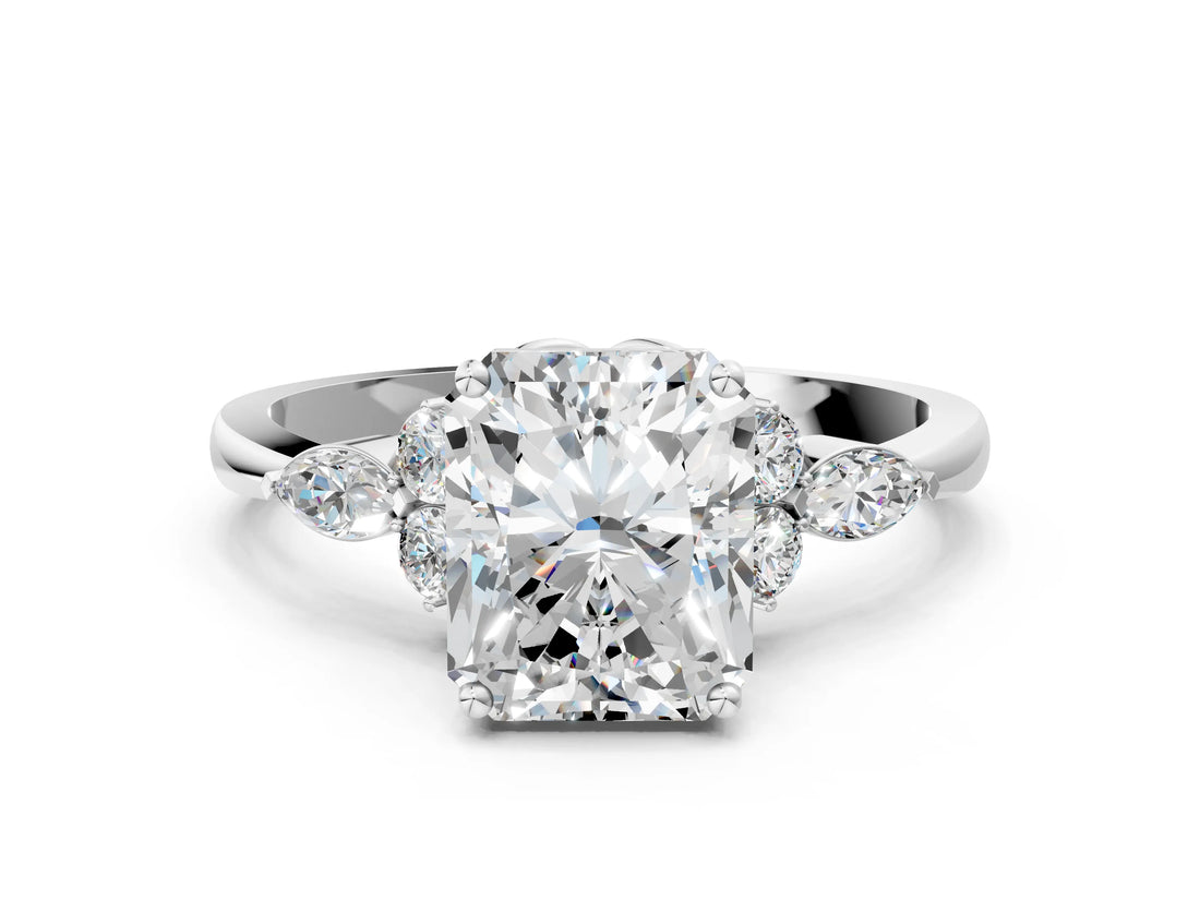 White gold Radiant Cut Brilliant Diamond Solitaire Ring with Pear Side Stones and Four-Prong Setting_12