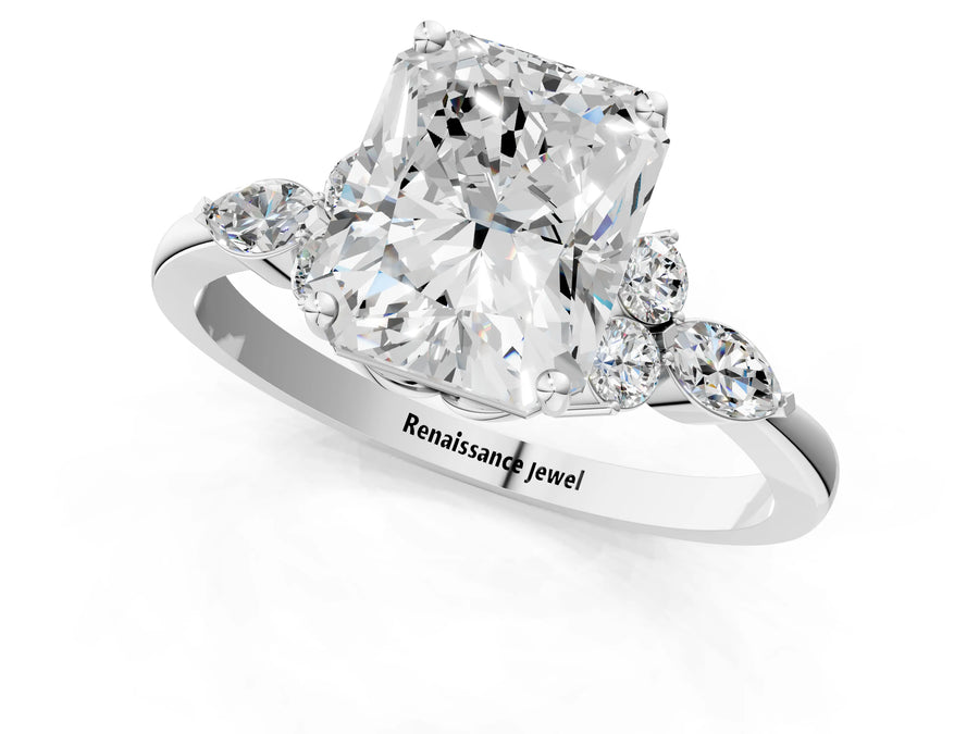White gold Radiant Cut Brilliant Diamond Solitaire Ring with Pear Side Stones and Four-Prong Setting