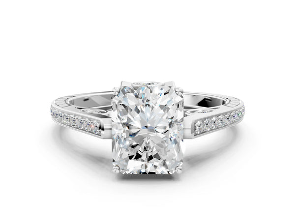 White gold Radiant Cut Cathedral Pave Diamond Engagement Ring with Six-Prong Setting