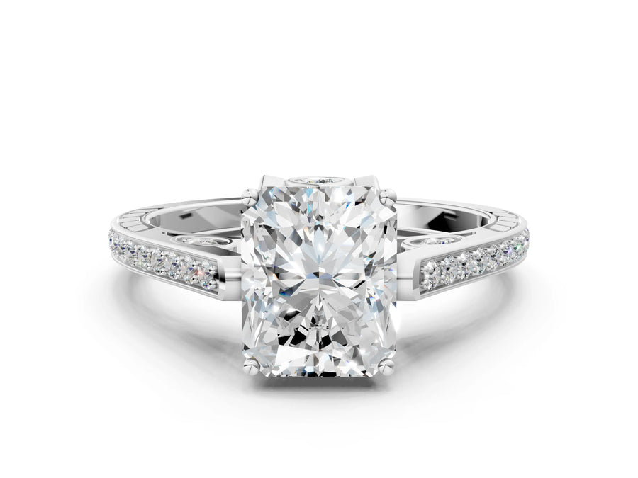 White gold Radiant Cut Cathedral Pave Diamond Engagement Ring with Six-Prong Setting