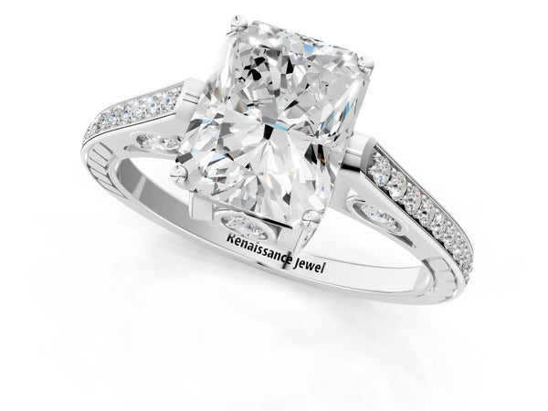 White gold Radiant Cut Cathedral Pave Diamond Engagement Ring with Six-Prong Setting