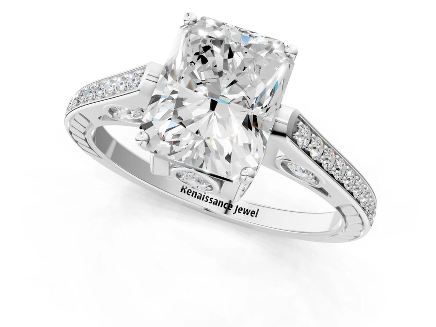 White gold Radiant Cut Cathedral Pave Diamond Engagement Ring with Six-Prong Setting