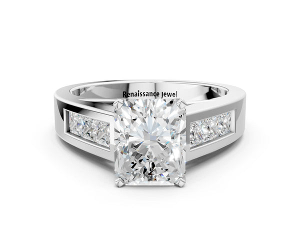 Sterling Silver Radiant Cut Engagement Ring Setting with Channel-Set Princess Cut Side Accents