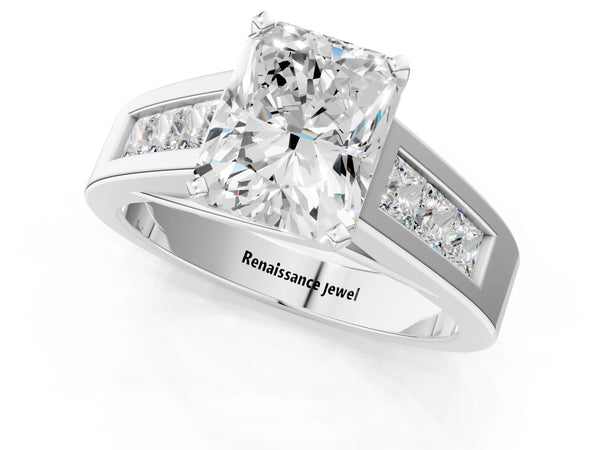 Sterling Silver Radiant Cut Engagement Ring Setting with Channel-Set Princess Cut Side Accents