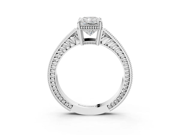 10K White Gold 2.06 Carat F VS1 Radiant Cut Diamond Milgrain Pave Band Four-Prong Setting Ring