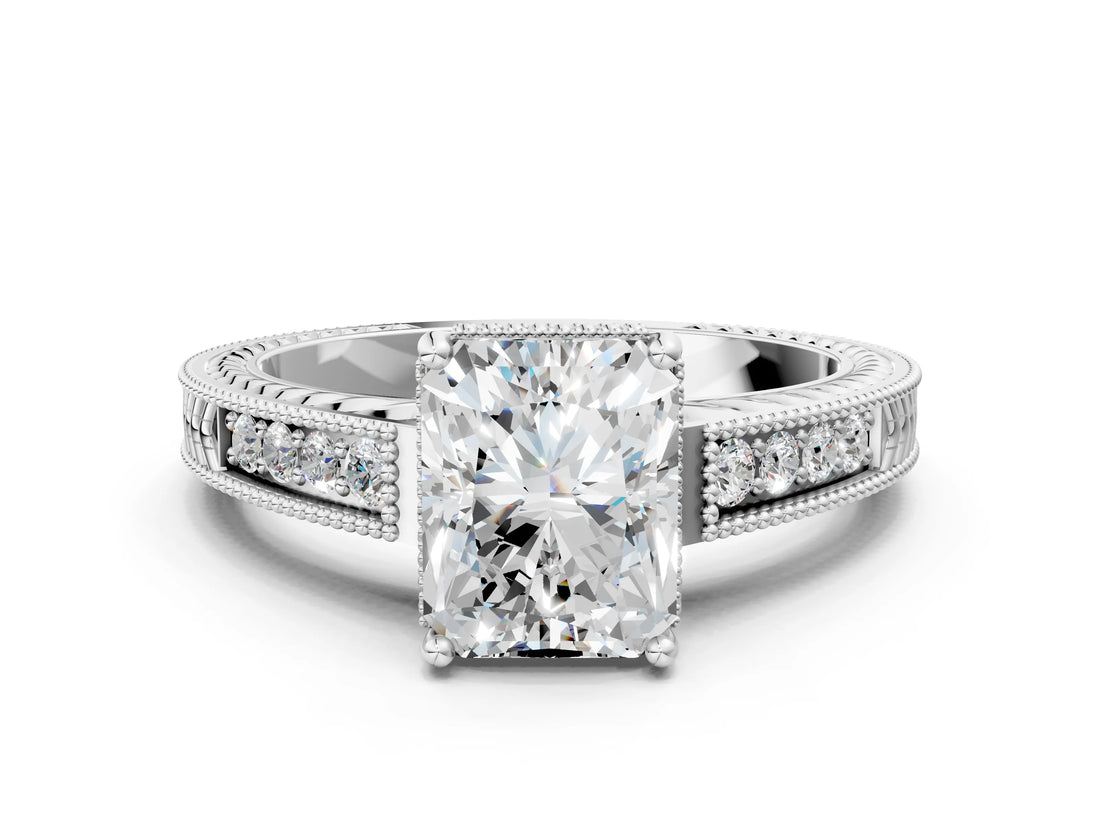 10K White Gold 2.06 Carat F VS1 Radiant Cut Diamond Milgrain Pave Band Four-Prong Setting Ring