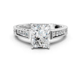 10K White Gold 2.06 Carat F VS1 Radiant Cut Diamond Milgrain Pave Band Four-Prong Setting Ring