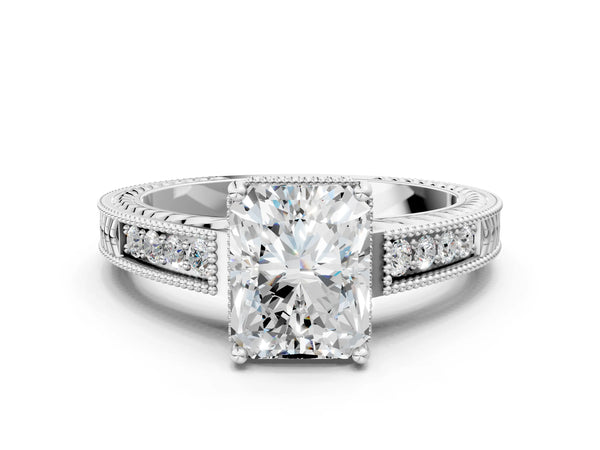 10K White Gold 2.06 Carat F VS1 Radiant Cut Diamond Milgrain Pave Band Four-Prong Setting Ring