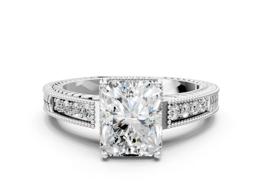 White gold Radiant Cut Cut Diamond Milgrain Pave Band Four-Prong Setting Ring