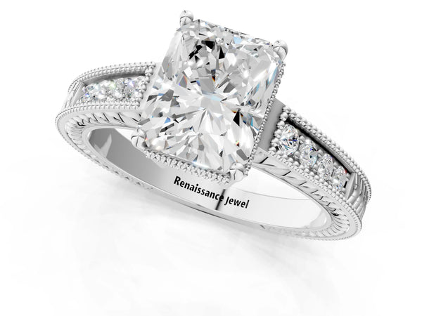 10K White Gold 2.06 Carat F VS1 Radiant Cut Diamond Milgrain Pave Band Four-Prong Setting Ring