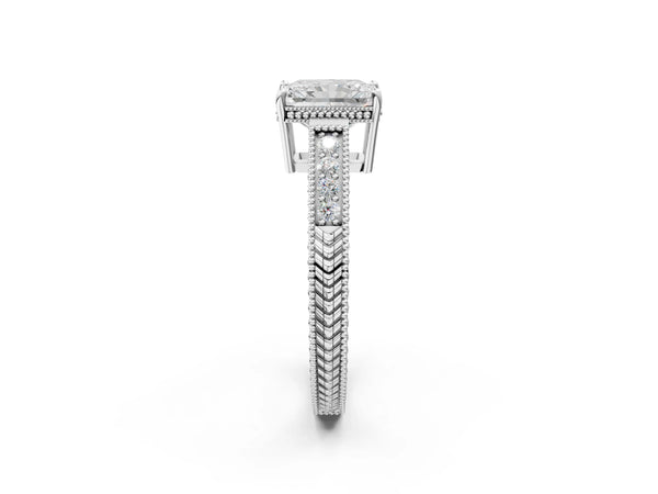 10K White Gold 2.06 Carat F VS1 Radiant Cut Diamond Milgrain Pave Band Four-Prong Setting Ring