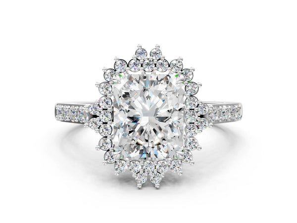 White gold Cushion Cut Diamond Sunburst Halo Engagement Ring with Pavé Band