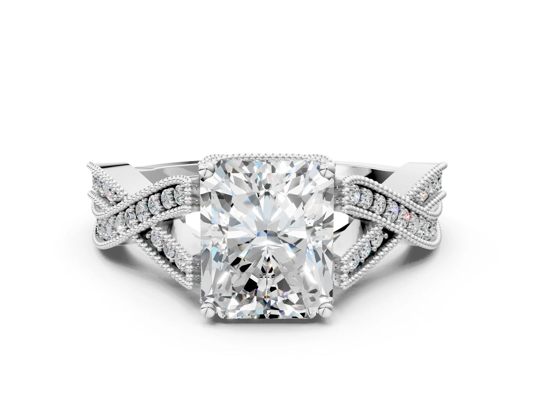 White gold Radiant Cut Cut Diamond Twisted Band with Milgrain Pave Setting and Four-Prong Setting_18