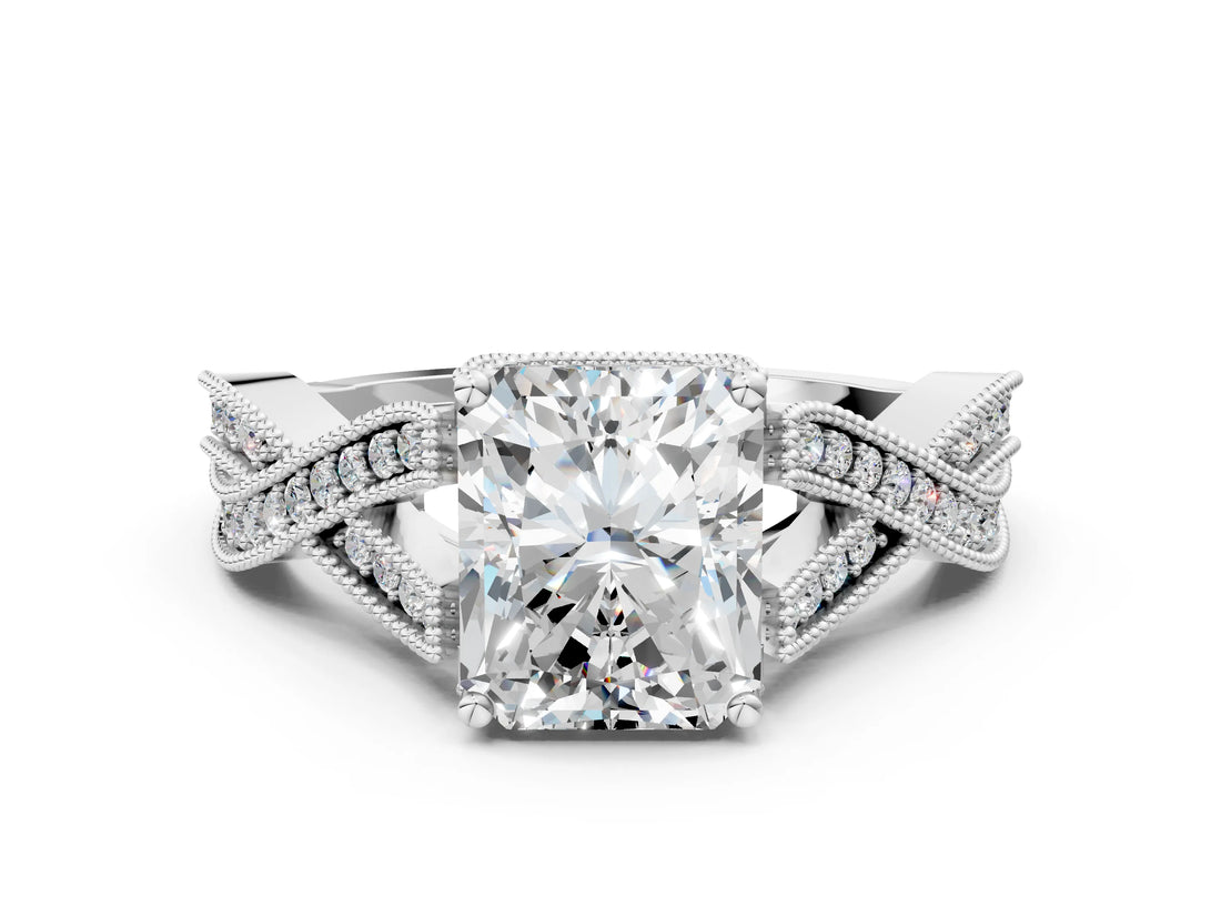 White gold Radiant Cut Cut Diamond Twisted Band with Milgrain Pave Setting and Four-Prong Setting_24
