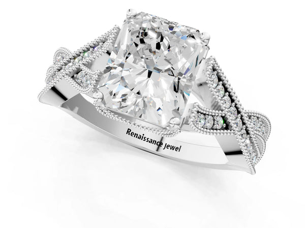 White Gold Radiant Cut Graduated Pave Twist Engagement Ring Setting