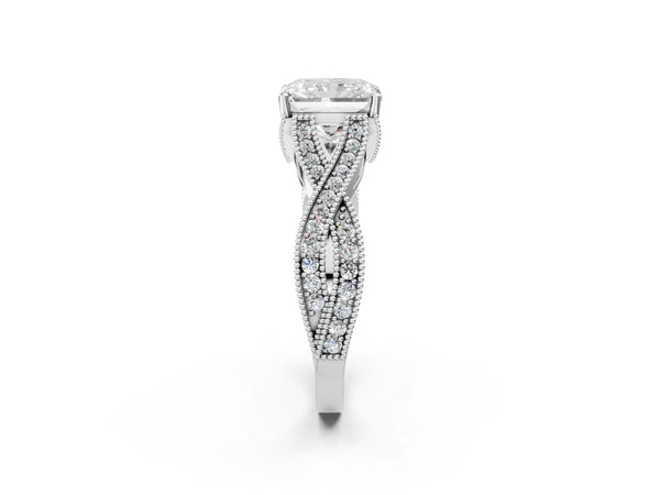 White Gold Radiant Cut Graduated Pave Twist Engagement Ring Setting