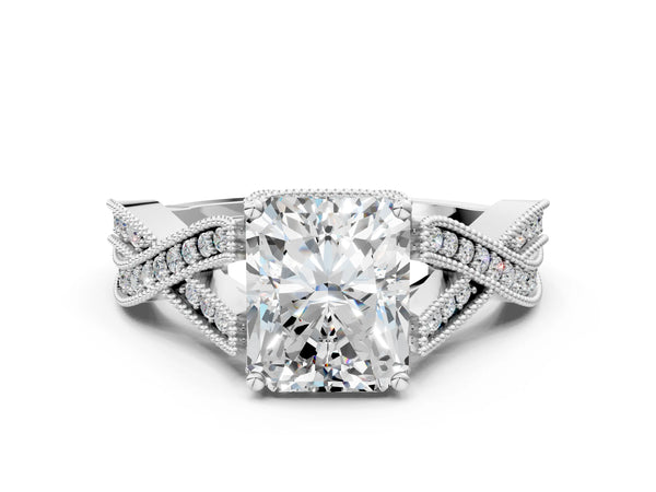 White gold Round Cut Diamond Twisted Band with Milgrain Pave Setting and Four-Prong Setting
