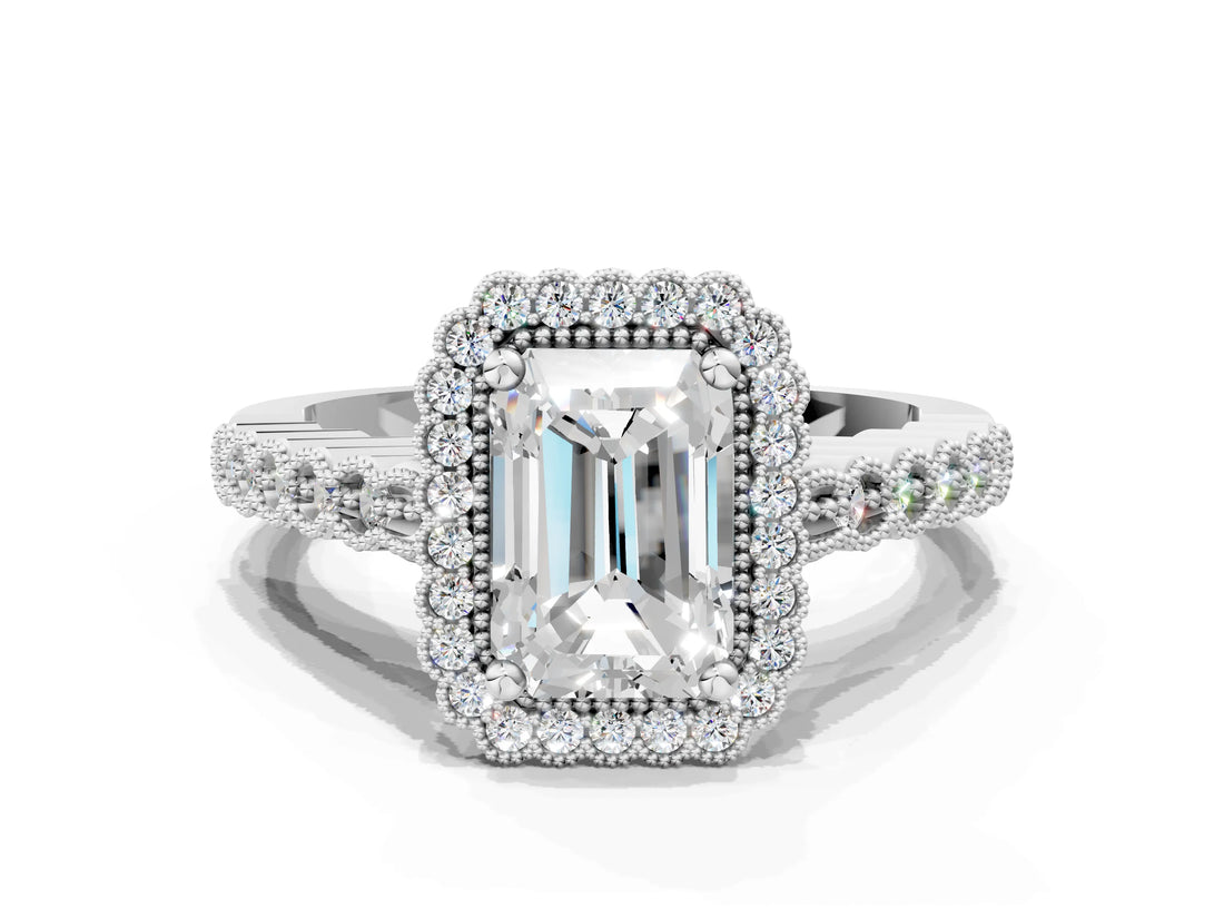 White gold Radiant Cut Cut Halo Pavé Solitaire Ring with Milgrain Band_7