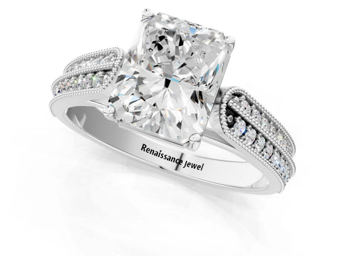 Silver 0.55 Carat E VVS1 Princess Cut Pave Split Shank Engagement Ring with Four-Prong Setting