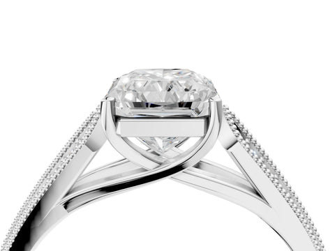 Silver 0.55 Carat E VVS1 Princess Cut Pave Split Shank Engagement Ring with Four-Prong Setting