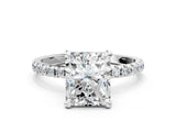 White gold Radiant Cut Diamond Brilliant Solitaire Ring with Pavé Band and Four-Prong Setting