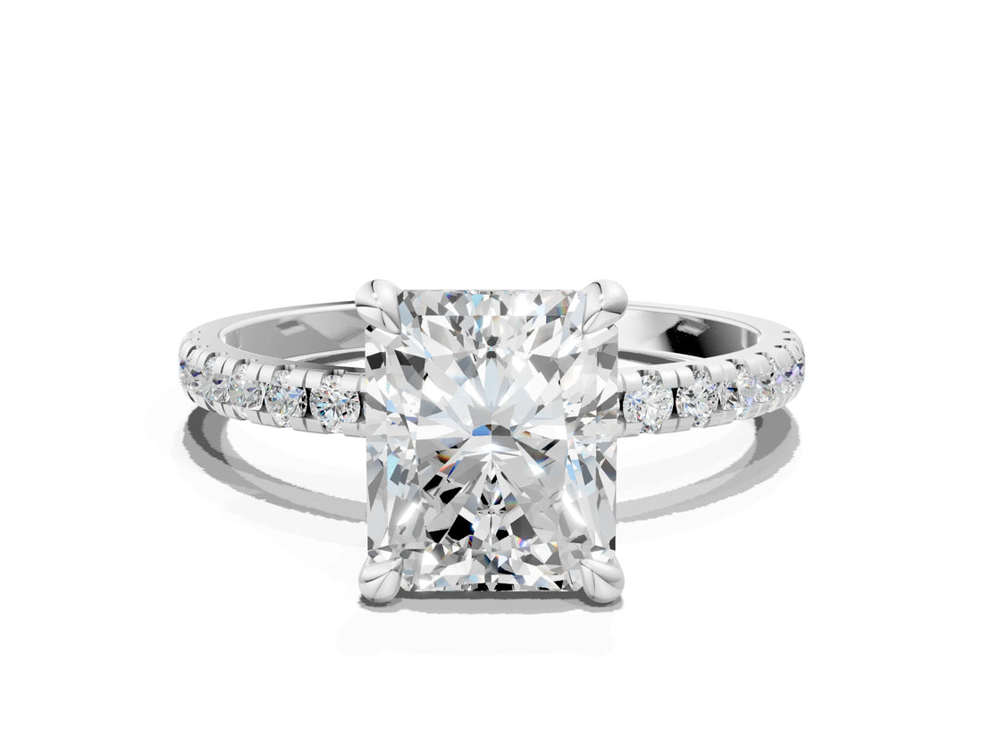 White gold Radiant Cut Diamond Brilliant Solitaire Ring with Pavé Band and Four-Prong Setting_29