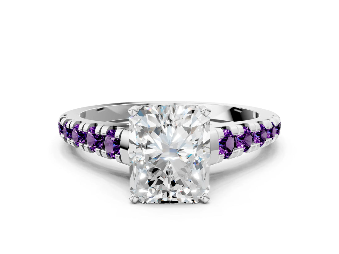 White gold Radiant Cut Diamond Cathedral Solitaire Ring with Round with Amethyst side stone Pavé Band_12
